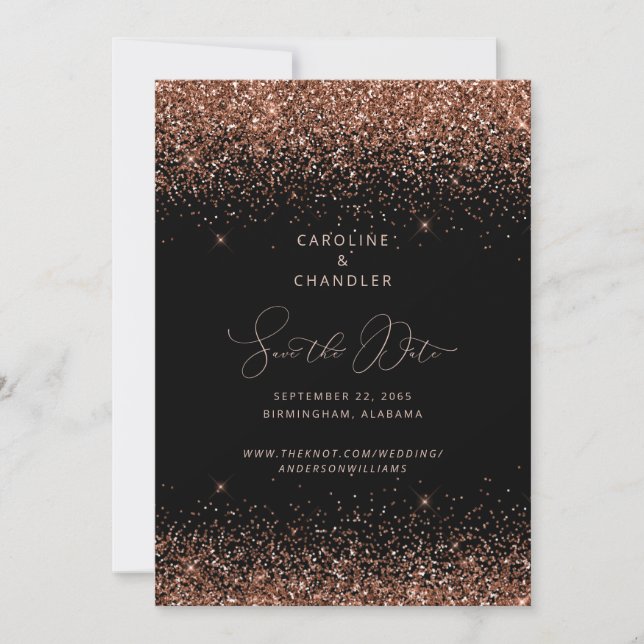 Black & Bronze Glitter Wedding Save the Date Glam Invitation (Front)