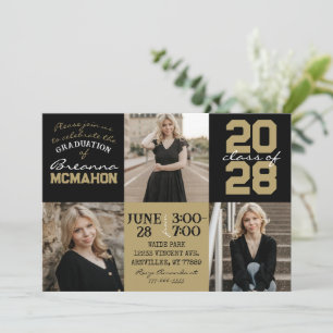 Black & Bronze Gold 3 Photo Graduation Invitation