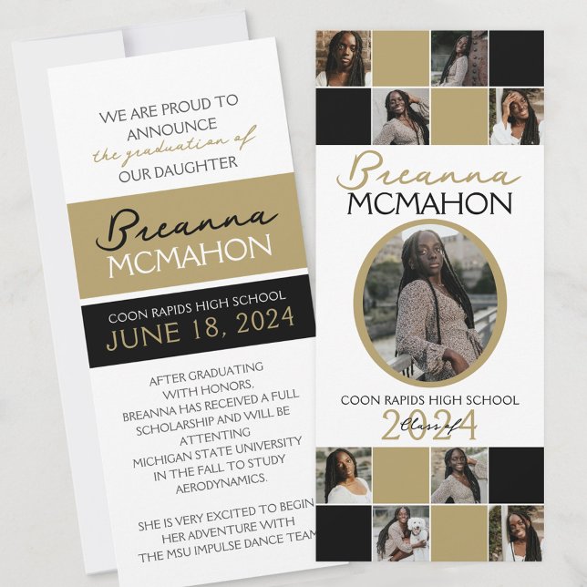 Black Bronze Gold 9 Photo Graduation Announcement (9 Photo Collage Graduation Announcement with envelopes & room to brag!)