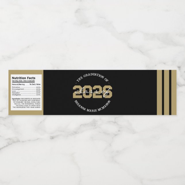 Black & Bronze Gold Graduation Water Bottle Label (Single Label)