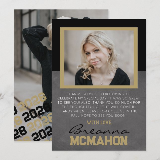 Black & Bronze Graduation 2 Photo Thank You Card (Front/Back)