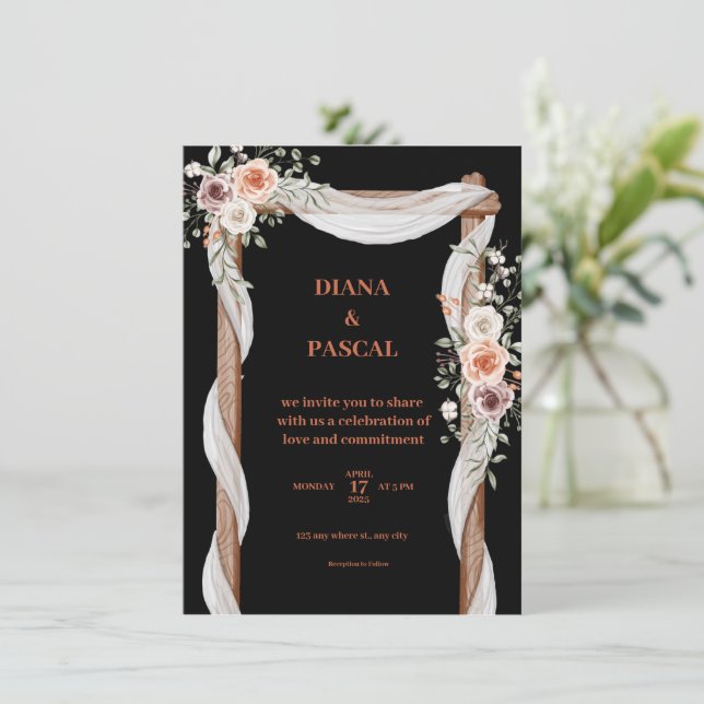 Black, brown and pink wedding invitation (Standing Front)