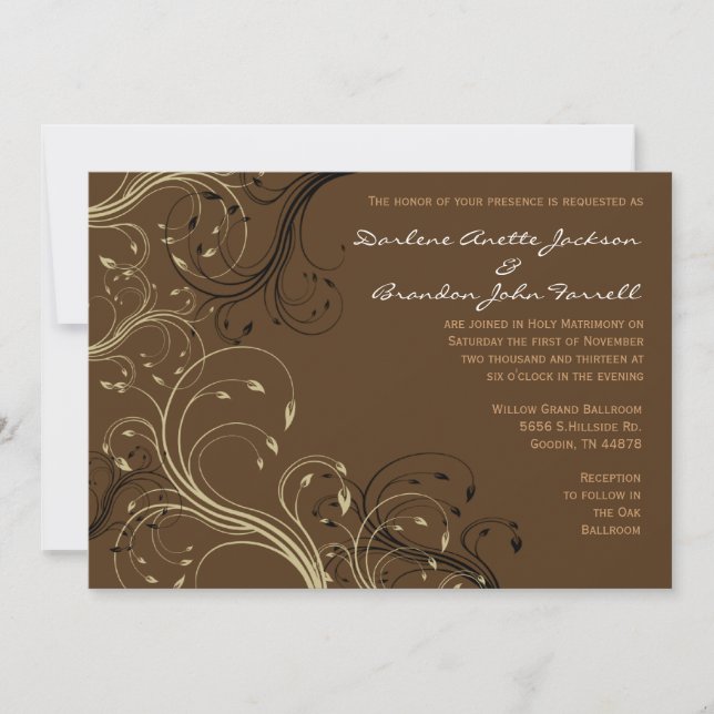 Black, Brown, and White Floral Wedding  Invitation (Front)