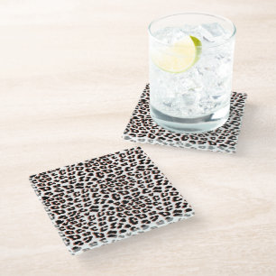 Black Brown and White Leopard Print Glass Coaster