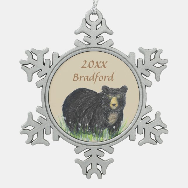 Black brown bear, Personalise name date Snowflake Pewter Christmas Ornament (Front)