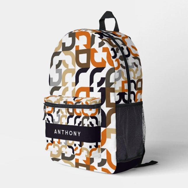 Black Brown Beige Orange Midcentury Art Pattern Printed Backpack (Back Corner Right)