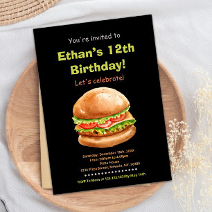 Black Brown Burger Birthday Invitations