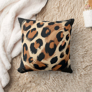 Black Brown Cream Painted Leopard Animal Print Cushion