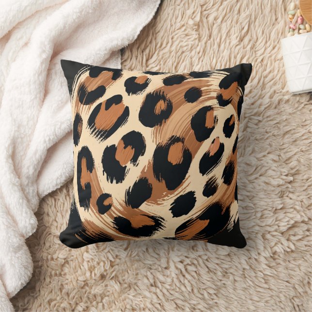 Black Brown Cream Painted Leopard Animal Print  Cushion (Blanket)