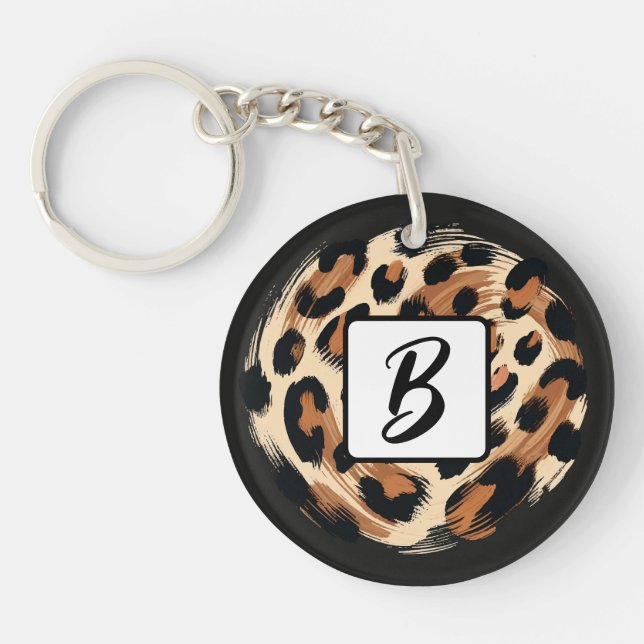 Black Brown Cream Painted Leopard Animal Print  Key Ring (Front)