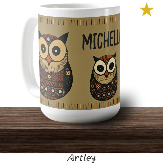 Black Brown Folk Art Owl Custom Name  Coffee Mug (Creator Uploaded)