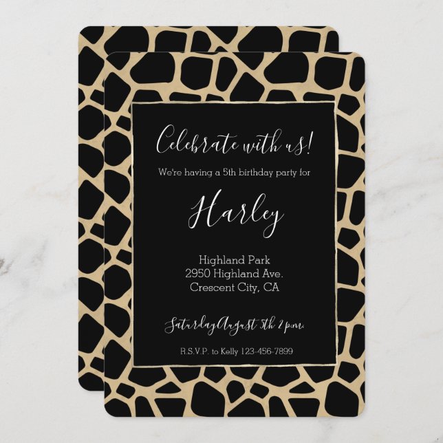 Black Brown Giraffe Print Invitation (Front/Back)