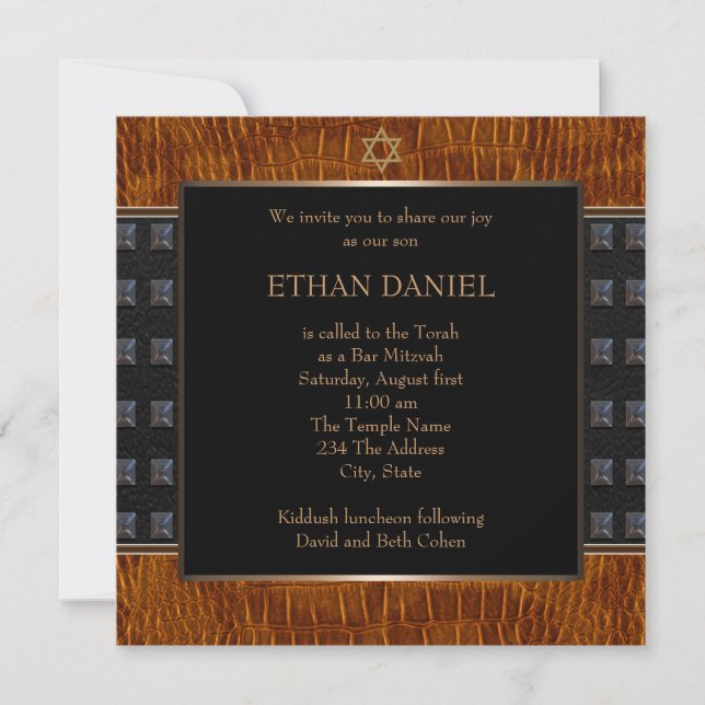 Black Brown Leather Star of David Bar Mitzvah Invitation (Front)