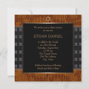 Black Brown Leather Star of David Bar Mitzvah Invitation