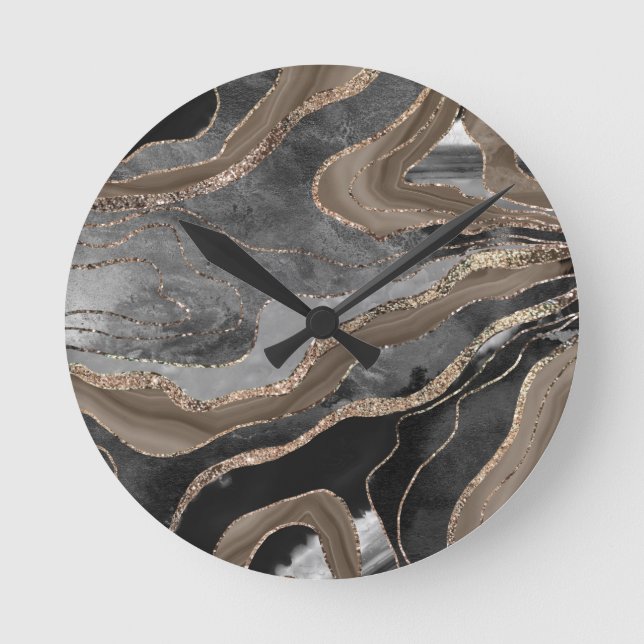 Black Brown Marble Agate Gold Glitter Glam #1  Round Clock (Front)
