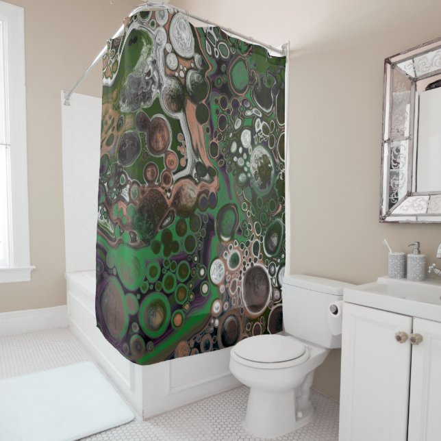 Black, Brown, White and Green Fluid Art   Shower Curtain (In Situ)