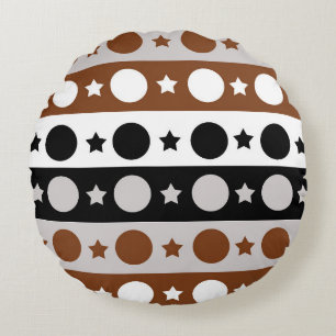 Black Brown White Dots Stars Stripes Design Round Cushion