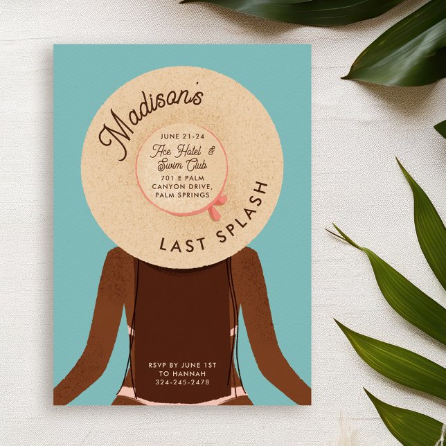 Black Brunette Bachelorette Weekend Pool Party Invitation (brunette hair & black skin girl wearing a beach hat. bachelorette pool party invitationblack hair an)