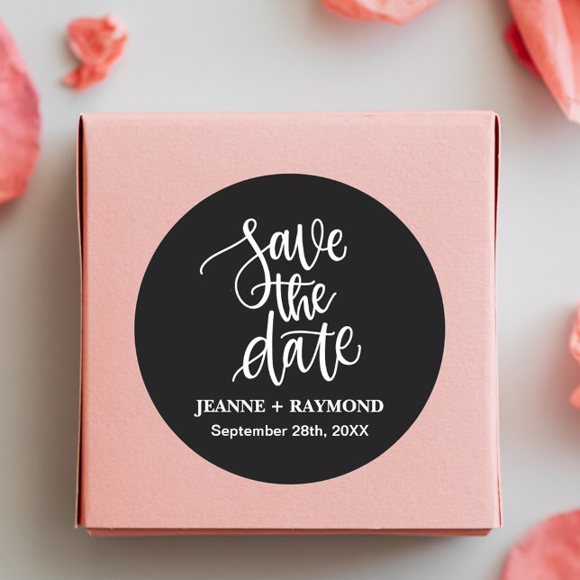 Black Brush Lettered Custom Save the Date Wedding Classic Round Sticker (Creator Uploaded)