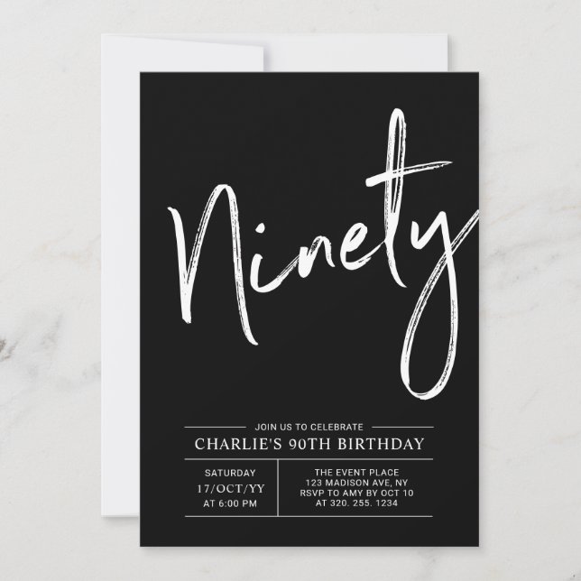 Black Brush Lettering Ninety 90th Birthday Party Invitation (Front)