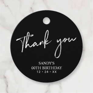 Black Brush Script Birthday Party Thank you Favour Tags