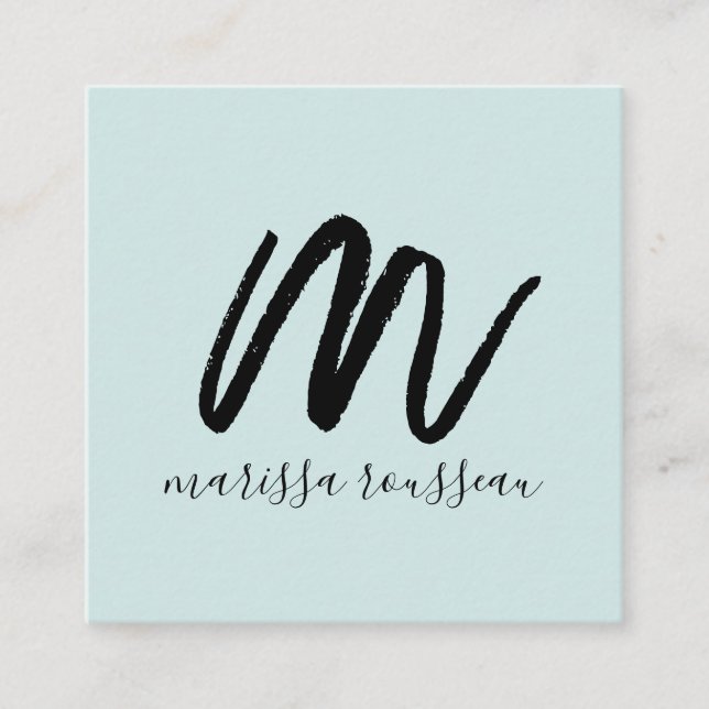 Black Brush Script Initial Name Blue Calling Card (Front)