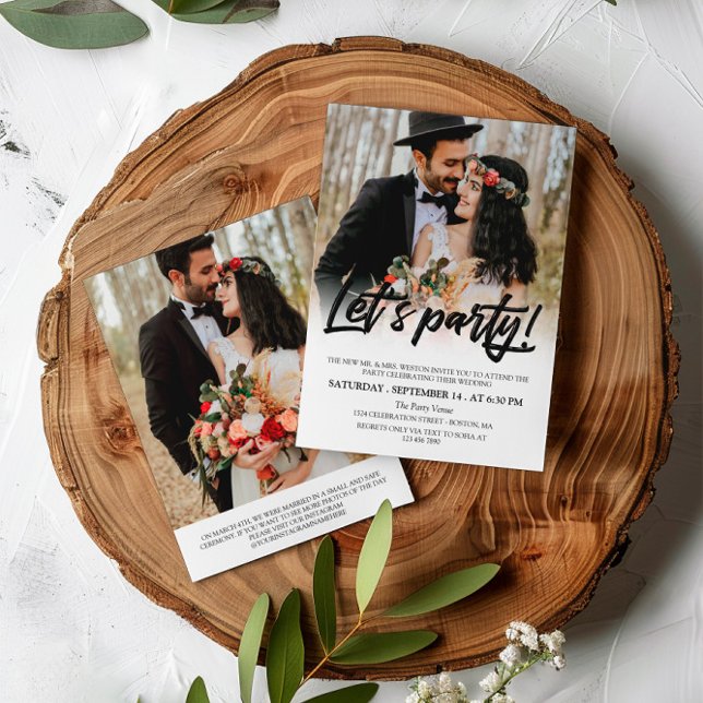 Black Brush Script Let's Party Photo Wedding Invitation (Creator Uploaded)