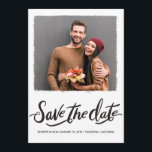 Black Brush Script Wedding Save The Date Card<br><div class="desc">This modern brush script wedding save the date card is simple in design and features some hand drawn words on a white background. The layout is reminiscent of a Polaroid type photograph but the frame edge is rough and irregular. The back of this wedding save the date card is also...</div>