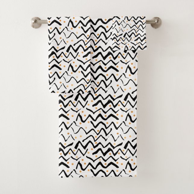Black Brush Strokes & Dots Pattern Bath Towel Set (Insitu)