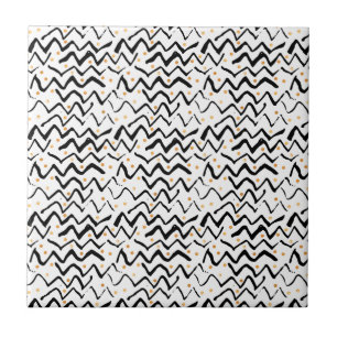 Black Brush Strokes & Dots Pattern Ceramic Tile