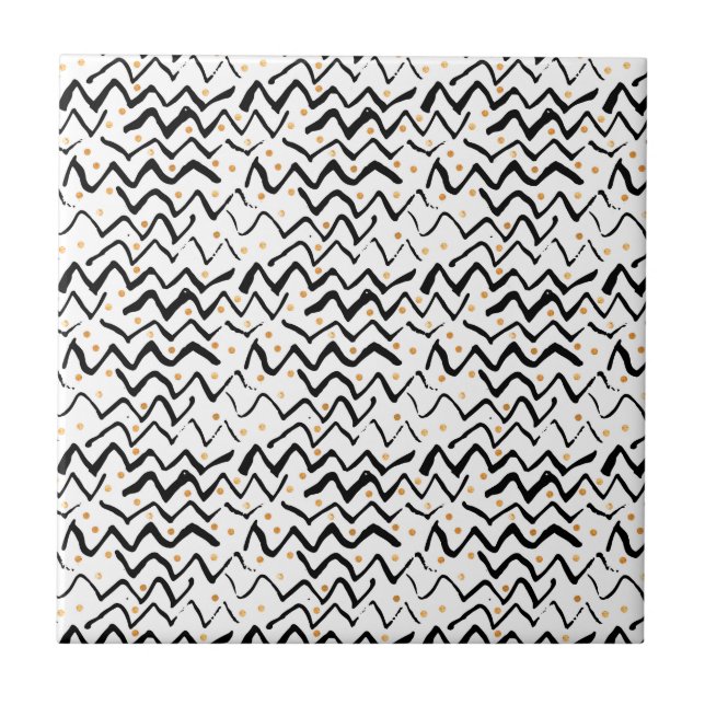 Black Brush Strokes & Dots Pattern Ceramic Tile (Front)
