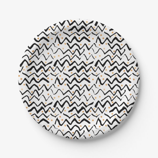 Black Brush Strokes & Dots Pattern Paper Plate (Front)