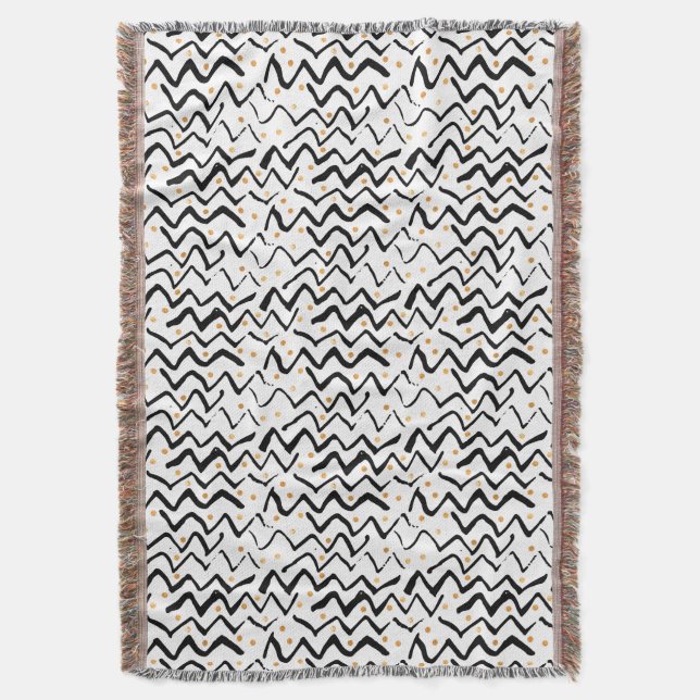 Black Brush Strokes & Dots Pattern Throw Blanket (Front Vertical)