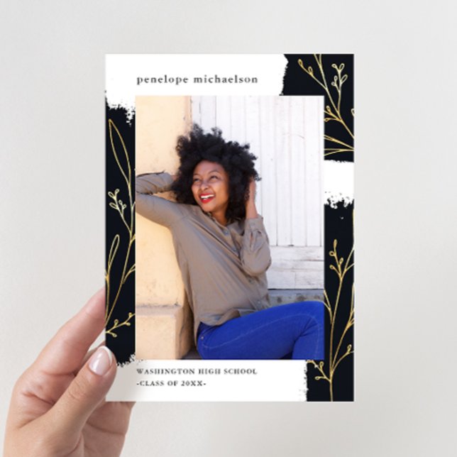 Black Brush with Faux Gold Botanical Graduation Invitation (Creator Uploaded)
