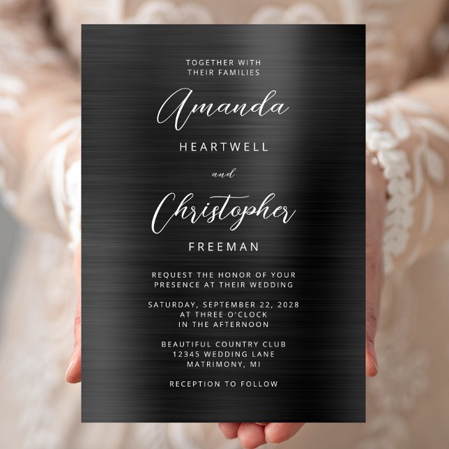 Black Brushed Metal Script Wedding Invitation (Creator Uploaded)