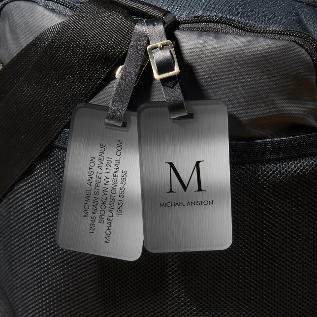 Black Brushed Metallic Personalised Monogram chic  Luggage Tag (Creator Uploaded)