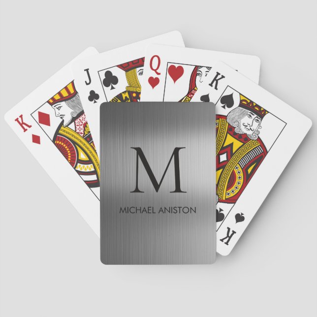 Black Brushed Metallic Personalised Monogram chic Playing Cards (Back)