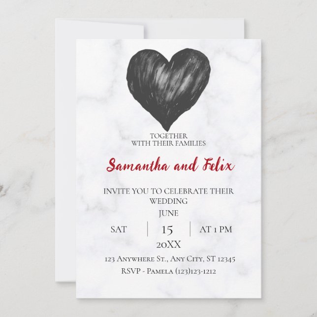 Black Brushstroke Heart Marble Wedding Invitation (Front)