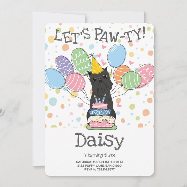 Black Brussels Griffon Cropped Ears Birthday Party Invitation (Front)