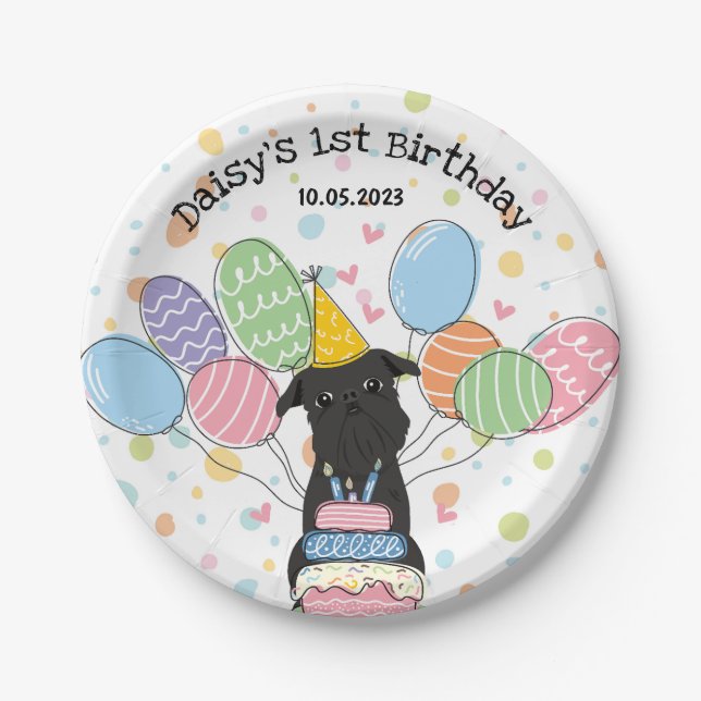 Black Brussels Griffon Dog Birthday Party Paper Plate (Front)