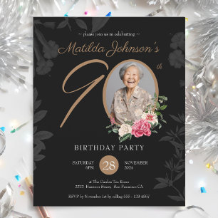 Black Budget Floral 90th Birthday Invitation
