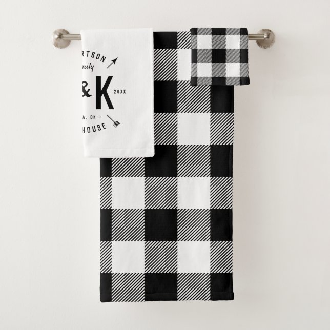Black Buffalo Check and Farmhouse Arrow Monogram Bath Towel Set (Insitu)