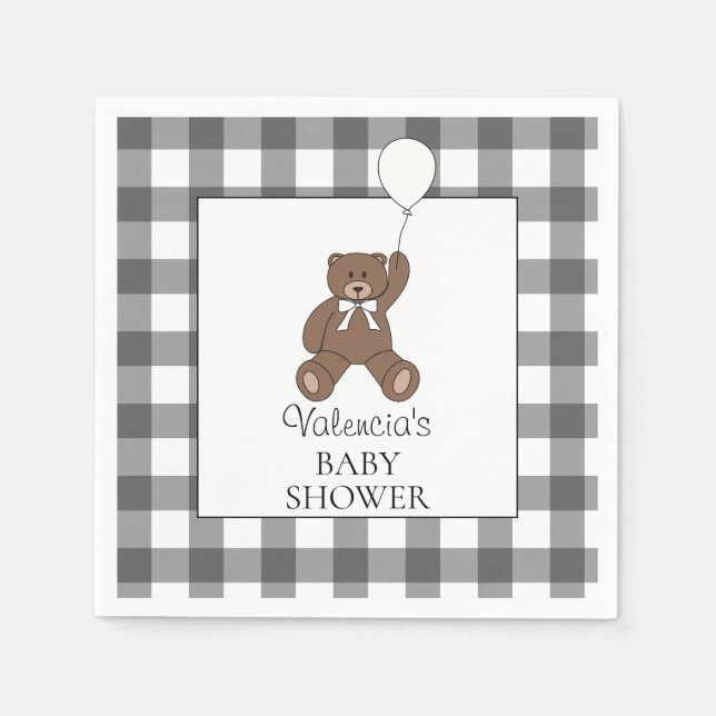 Black Buffalo Check Pattern Teddy Bear Baby Shower Napkin (Front)