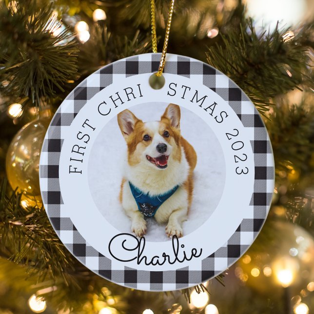 Black Buffalo Check Pet's First Christmas Photo Ceramic Ornament (Creator Uploaded)