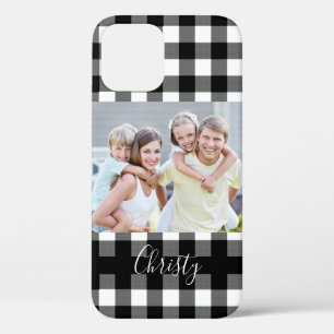 Black Buffalo Check Plaid Photo Script Name iPhone 12 Case