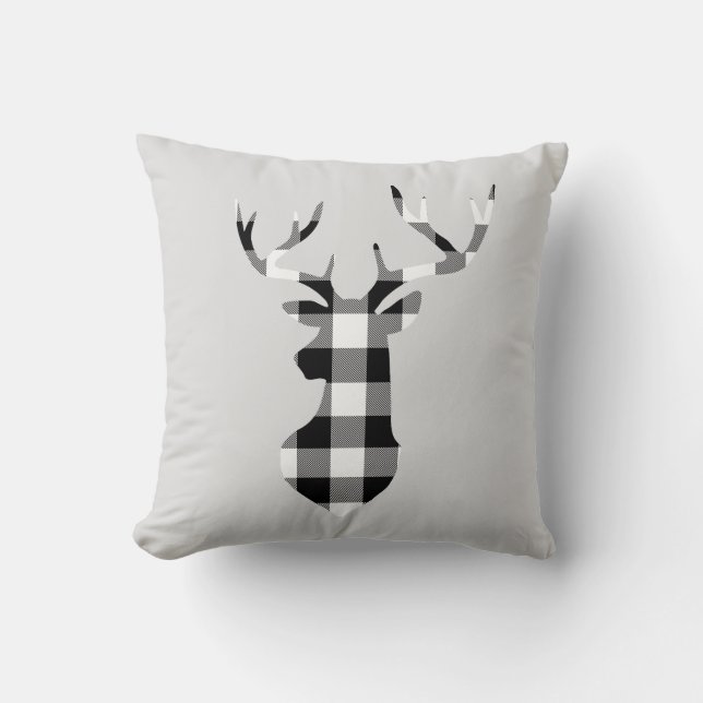 Black Buffalo Plaid Christmas Deer Silhouette Cushion (Front)