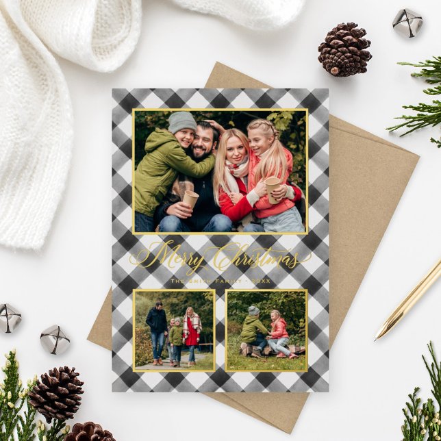 Black Buffalo Plaid Christmas Photo Collage Foil Holiday Card (Creator Uploaded)