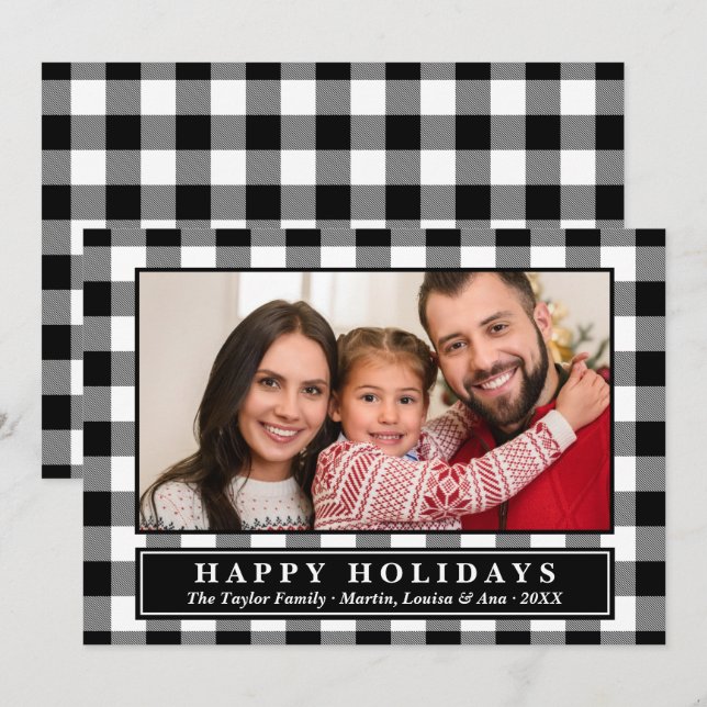 Black Buffalo Plaid Christmas Photo Holiday Card (Front/Back)