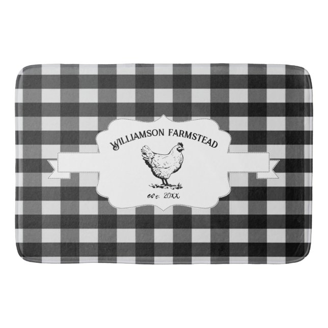Black Buffalo Plaid Farm Chicken Bath Mat (Front)