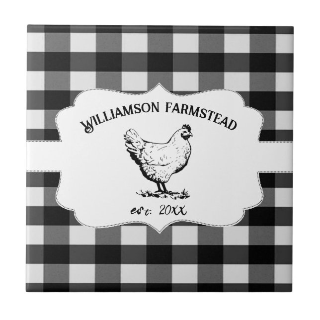 Black Buffalo Plaid Farm Chicken Decorative Ceramic Tile (Front)
